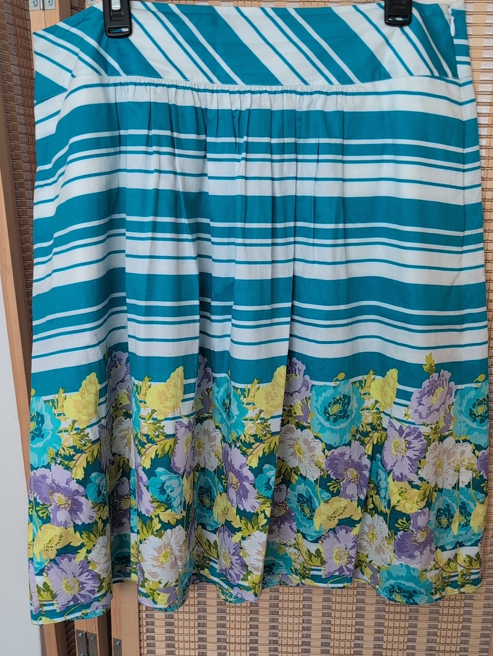 Talbots Teal and White Striped A-Line Skirt with Floral Border